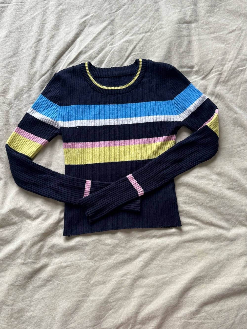 Striped Navy Ribbed Crewneck Sweater - Navy, Blue, White, Pink, Lime